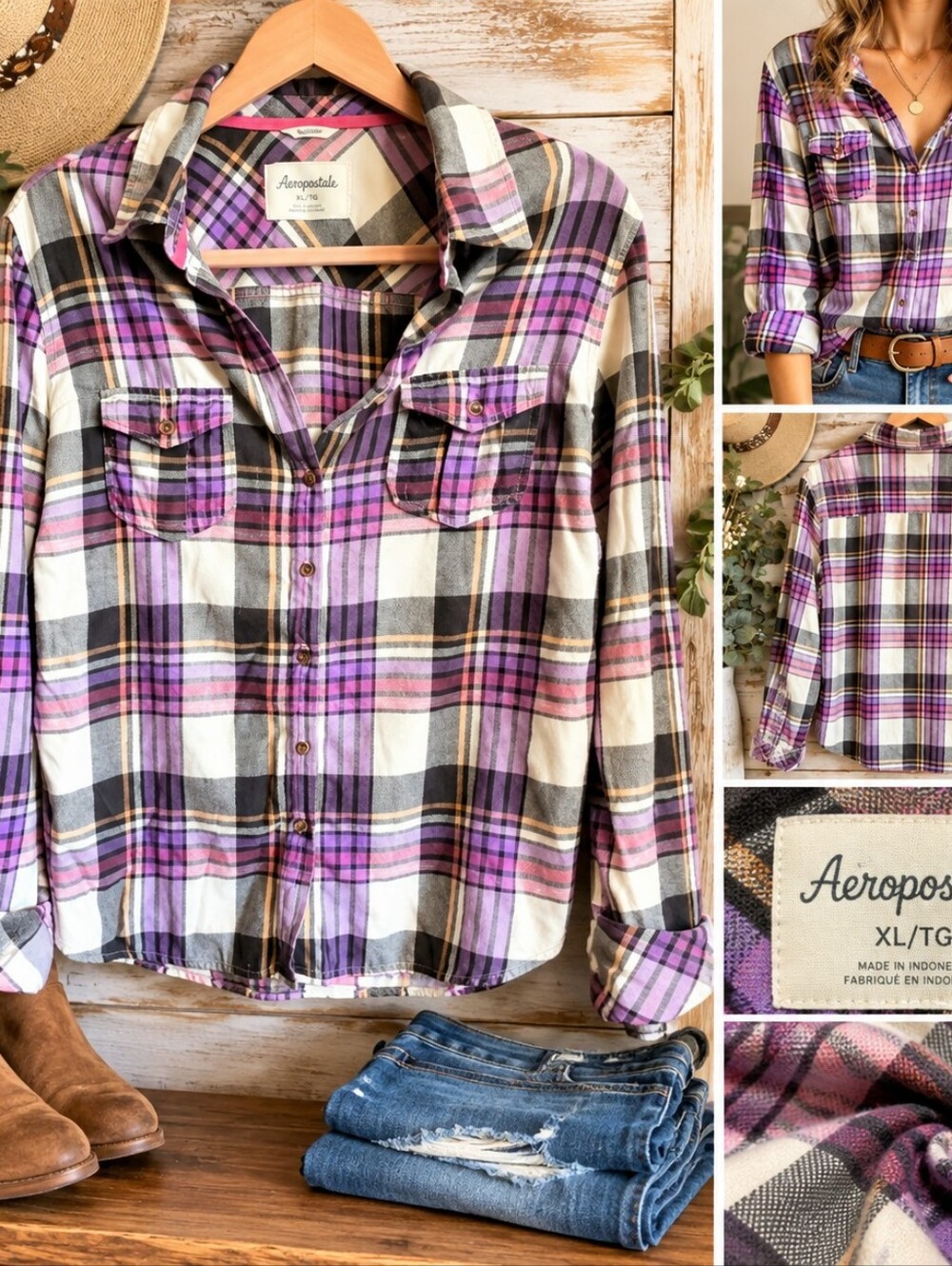 Aeropostale Women’s XL Purple Pink Plaid Button Down Shirt